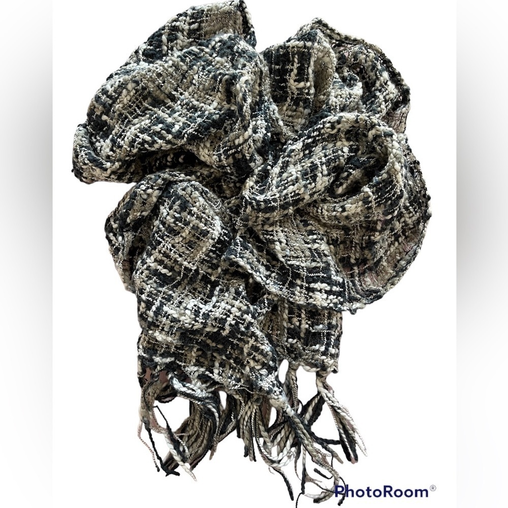 Soft winter scarf with tassels. Knitted black & white elegant winter wear.